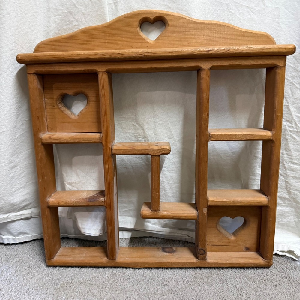 Vintage Wooden Heart Shadow Box CottageCore Display Shelf Curio Cabinet Cubby
